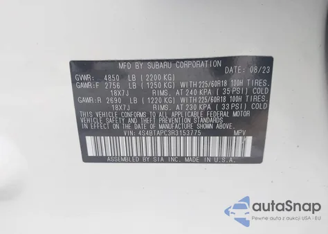 2024 Subaru Outback Touring из США, поврежденный, VIN 4S4BTAPC3R3153775